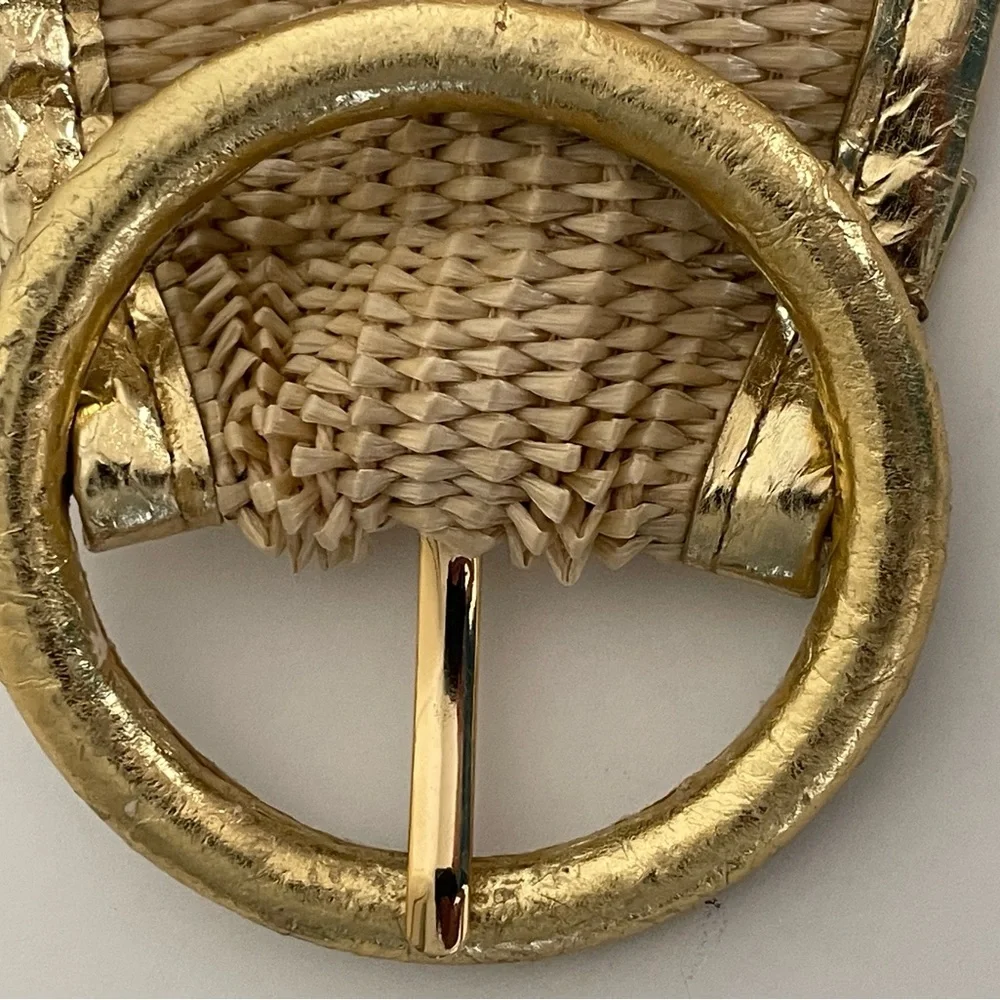 VTG: Genuine Snake Leather & Straw Wide Belt Metallic Gold/Natural Tan